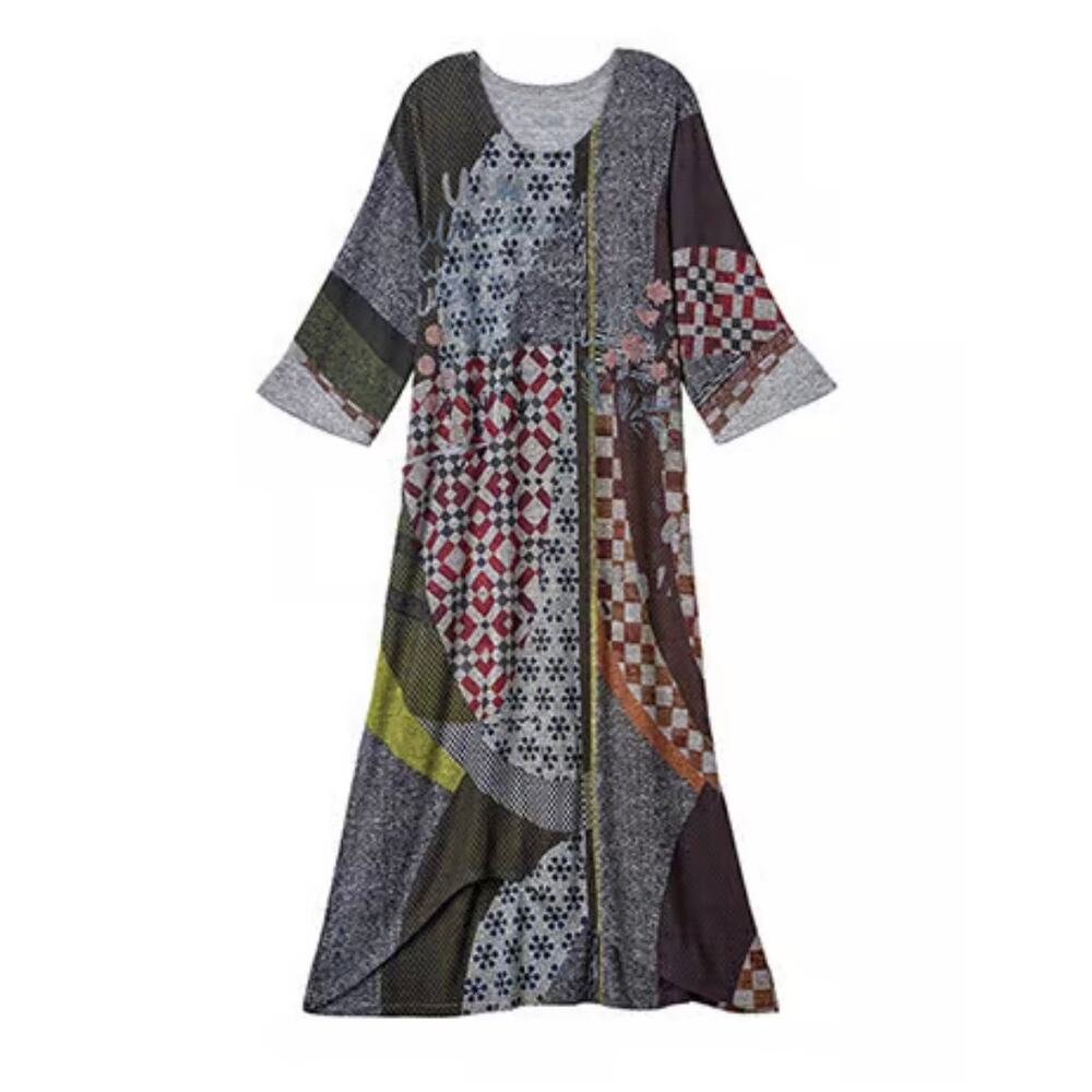 Inoah Suki Knit Long Midi Maxi Dress Aztec Indian Abstract 3/4 Sleeve M NWOT